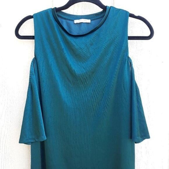 Zara Trafaluc Holiday Silky Cold Shoulder Midi Shift Dress Green Sz S - Picture 4 of 10